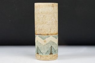 Troika cylindrical vase with geometric decoration of a textured brown ground, marked ' Troika ' to