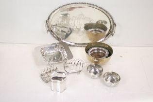 Mixed metal ware to include a silver plated twin-handled serving tray (53cm wide), novelty swan