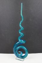 Murano style blue glass table ornament of spiralling form, approx 52cm high