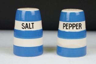 TG Green Cornishware blue & white salt and pepper cruet set, with black lettering, printed factory