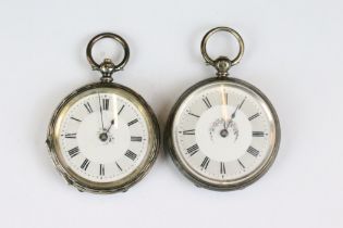 Two silver cased ladies fob watches with decorative enamel dials.