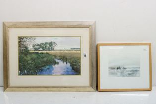 RM Boulton, river scene with sheep in the field behind, watercolour, signed lower right, 30 x 49cm