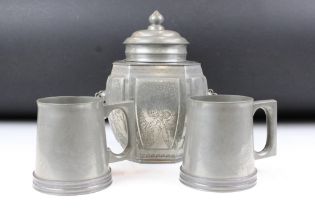 Chinese twin-handled pewter tea caddy & cover of octagonal form, with a pair of tankards, each