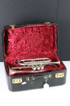 Besson Westminster silver plated Cornet, approx 13" long, housed within a fitted case, with valve