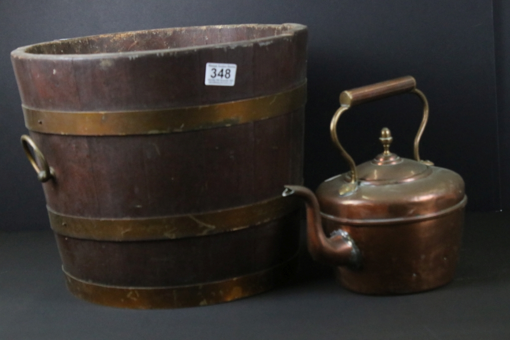 19th century brass bound wooden twin handled coal bucket together with a copper kettle. Bucket