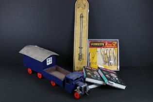 A box of mixed collectables to include an advertising thermometer, Lubrette shop display, Three