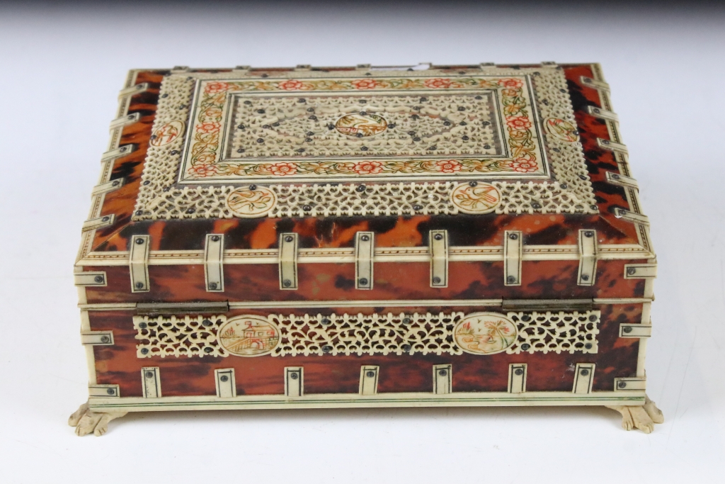 Late 19th century Indian bone and tortoiseshell box, of rectangular form, with applied pierced - Image 2 of 5