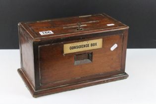 Early 20th century church conscience / honesty box, of rectangular form, with key. Approx 33cm wide