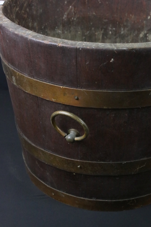 19th century brass bound wooden twin handled coal bucket together with a copper kettle. Bucket - Image 2 of 4