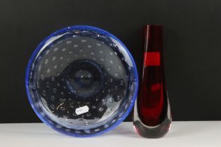 Whitefriars blue glass control bubble bowl together with a cased red glass Whitefriars vase. Bowl