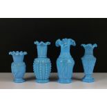Four 19th Century Victorian Sowerby turquoise glass vases having fanned rims and moulded details