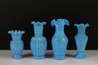 Four 19th Century Victorian Sowerby turquoise glass vases having fanned rims and moulded details