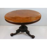 Mid Victorian Mahogany Circular Tilt Top Loo Table, raised on carved centre column with three scroll
