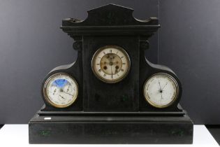 Large Victorian slate mantle clock with inlaid malachite panels and engraved scrolls, the central