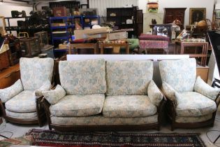 Ercol ' Renaissance ' Elm High Back Three Piece Suite with floral pattern upholstery comprising Sofa