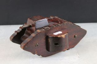 World War I Trench Art Wooden MK1 Tank, approx 22.5cm long