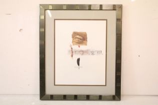 G Balvey, studio framed Modern School mixed media composition collage with applied feather, dated