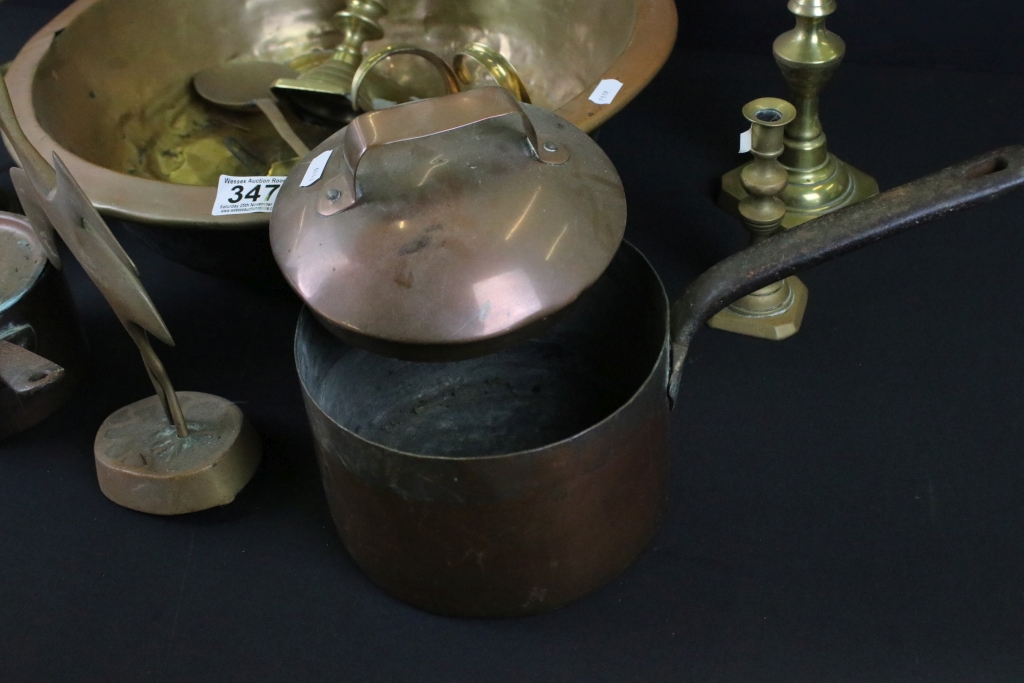 Collection of 19th Century and later metal wares to include a large copper bowl, copper sauce - Image 3 of 5