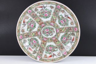 Large Cantonese Famille Rose charger with panels depicting exotic birds, butterflies & flowers,