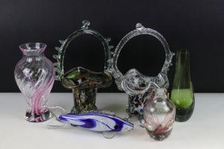 Two Murano style Romanian glass baskets, a glass fish figurine, a magpie etched cased glass vase,