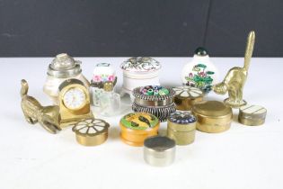 A small collection of trinket boxes together with a snuff bottle, miniature clock, brass figure...