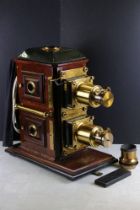 Large 19th century mahogany, gilt brass & tinplate magic lantern projector, converted to electric,