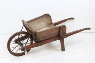 Vintage Rustic Wooden Wheelbarrow with wooden iron bound and iron spoke wheel, 104cm long x 36cm