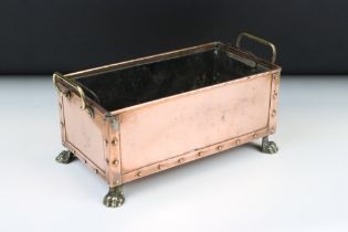 Arts and Crafts Studded Copper Planter with brass loop handles and brass lion paw feet, complete