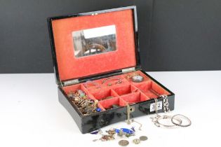 Japanese Lacquered Jewellery Box containing Vintage Earrings, Silver Pocket Watch, Coins, Silver