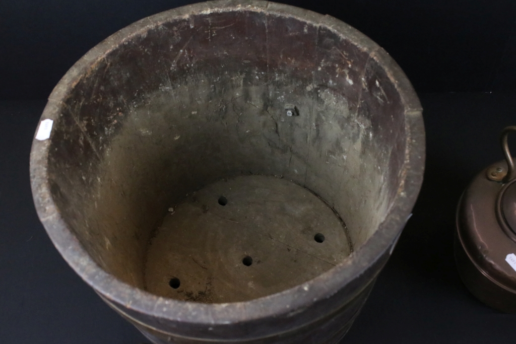 19th century brass bound wooden twin handled coal bucket together with a copper kettle. Bucket - Image 3 of 4