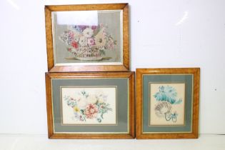 Needlework picture, flowers in a basket, 29 x 39cm, bird's eye maple frame, English School, spray of