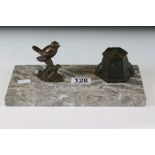 Art Deco French Desk Stand, the marble base with pen well and surmounted by a bronzed inkwell and