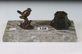 Art Deco French Desk Stand, the marble base with pen well and surmounted by a bronzed inkwell and