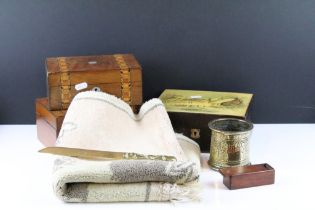 Two Tunbridge ware jewellery boxes, an Indian brass trench art pot, oriental brass letter opener and