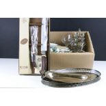 A collection of mixed silver plated cutlery together with a cruet set, carving set, trays...etc.