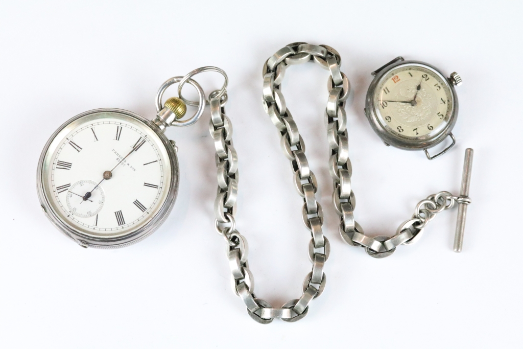A fully hallmarked sterling silver cased pocket watch complete with silver chunky link albert
