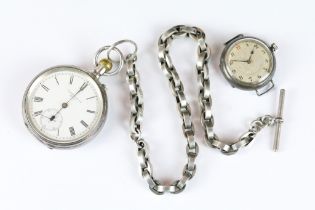 A fully hallmarked sterling silver cased pocket watch complete with silver chunky link albert