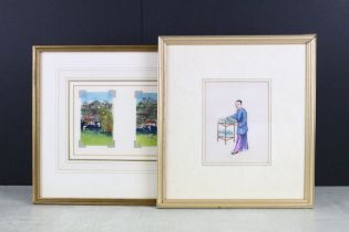 Set of Three Chinese Pith Paintings depicting Tea Plantation Scenes with figures, framed as two, the