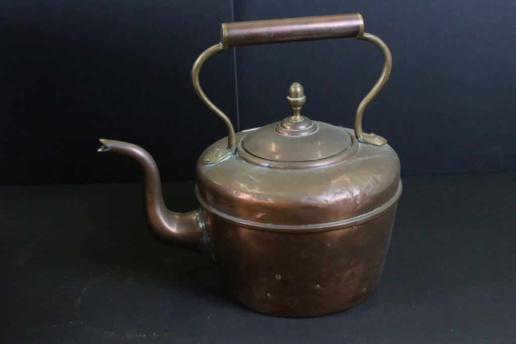 19th century brass bound wooden twin handled coal bucket together with a copper kettle. Bucket - Image 4 of 4