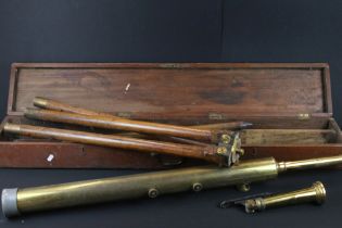 Broadhurst Clarkson & Co brass telescope in original case with wooden tripod. Telescope measures