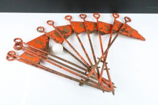 Twelve Vintage Orange Enamelled Metal Golf Hole Flags / Markers, each 40cm long
