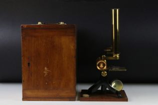 An antique brass microscope within original fitted wooden case.