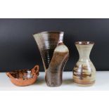 Collection of pottery to include a studio pottery vase signed by George H Wilson, a fared rim