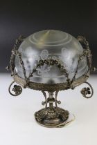 Early 20th century silver plated three-branch ceiling light fixture, the etched glass shade with