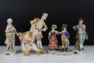 Four 19th Century German porcelain figurines to include Sitzendorf promenading couple, Sitzendorf