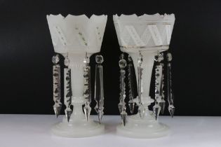 Pair of 19th Century Victorian white glass lustres having crenelated rims with enamelled lace