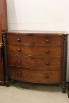 Victorian Mahogany Bow Front Chest of Two Short over Three Long Drawers with carved twist columns,