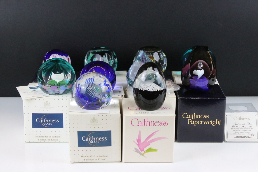 Ten boxed Caithness glass paperweights to include Optima (ltd edn no. 239/500), Rhythm 'N Blues,