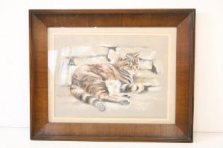 Michael Poge, tabby cat resting against a stone wall, pastel, 34 x 47cm, framed and glazed