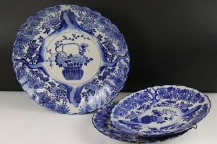 Set of three Japanese blue & white plates / platter of fluted form, decorated with central panel